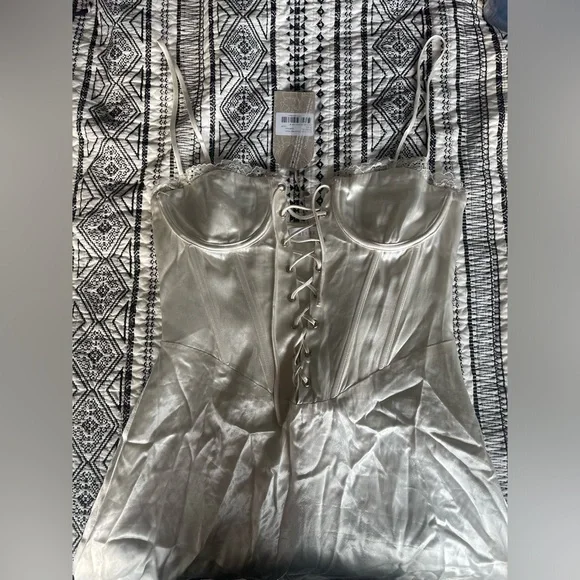 Cream Meshki Front Tie Corset Silk Mini Dress With Lace Detail - Picture 3 of 5